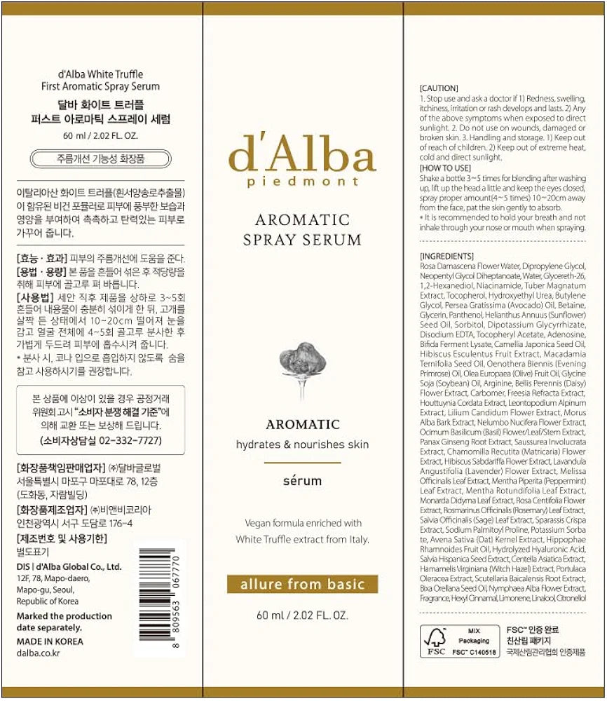 d'alba White Truffle First Aromatic Spray Serum 4.05 Fl. Oz, 120ml