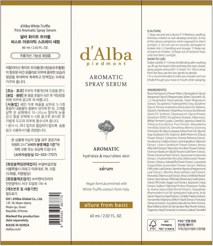 d'alba White Truffle First Aromatic Spray Serum 4.05 Fl. Oz, 120ml
