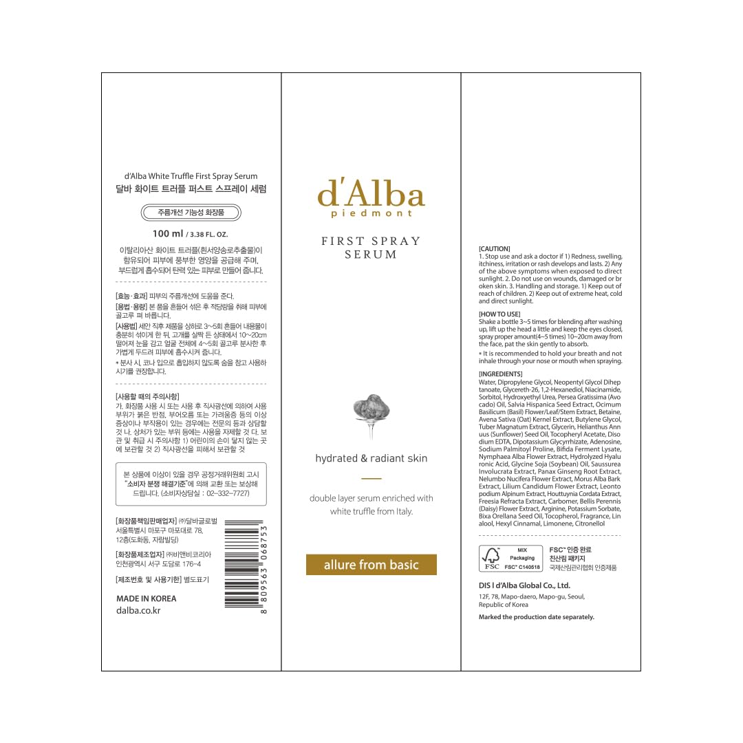 d'alba White Truffle First Spray Serum 3.38 Fl. Oz, 100ml