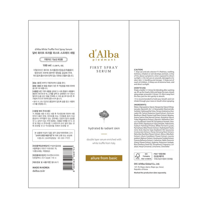 d'alba White Truffle First Spray Serum 3.38 Fl. Oz, 100ml